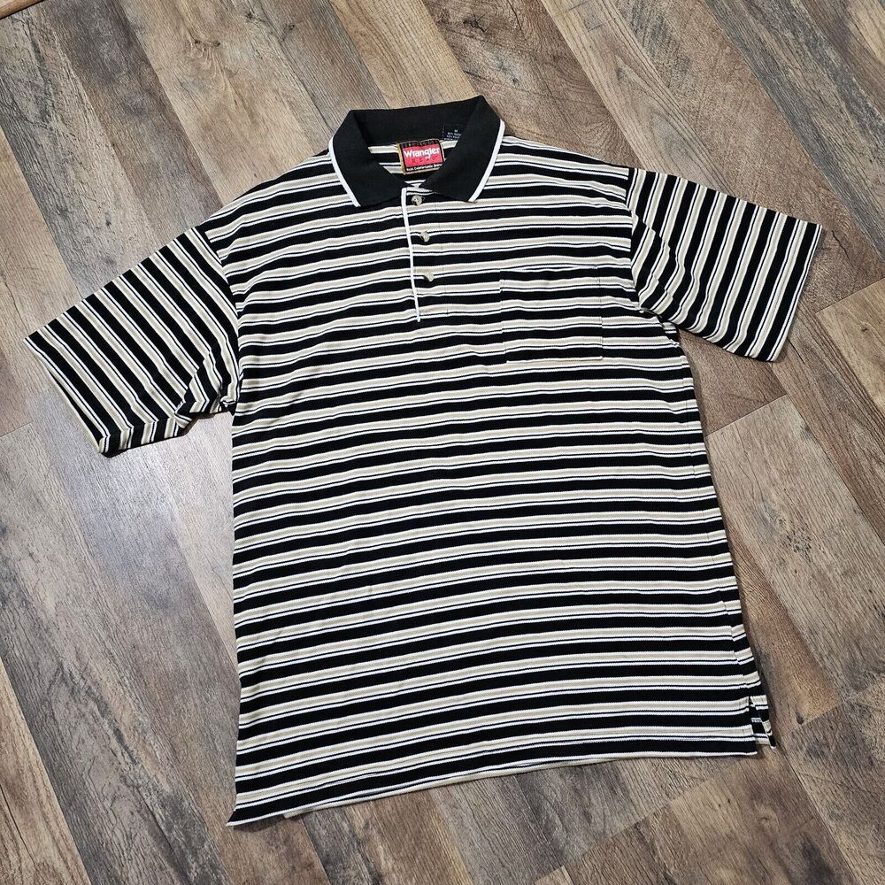Vintage Wrangler Shirt Mens M Black & yellow Polo Striped Shirts 60% cotton.